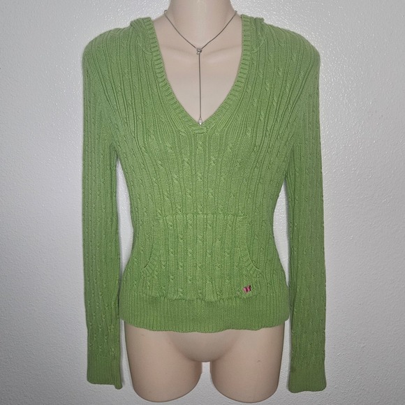 Aeropostale Sweaters - Y2k Aeropostale Lime Green Cable Knit Hooded Sweater